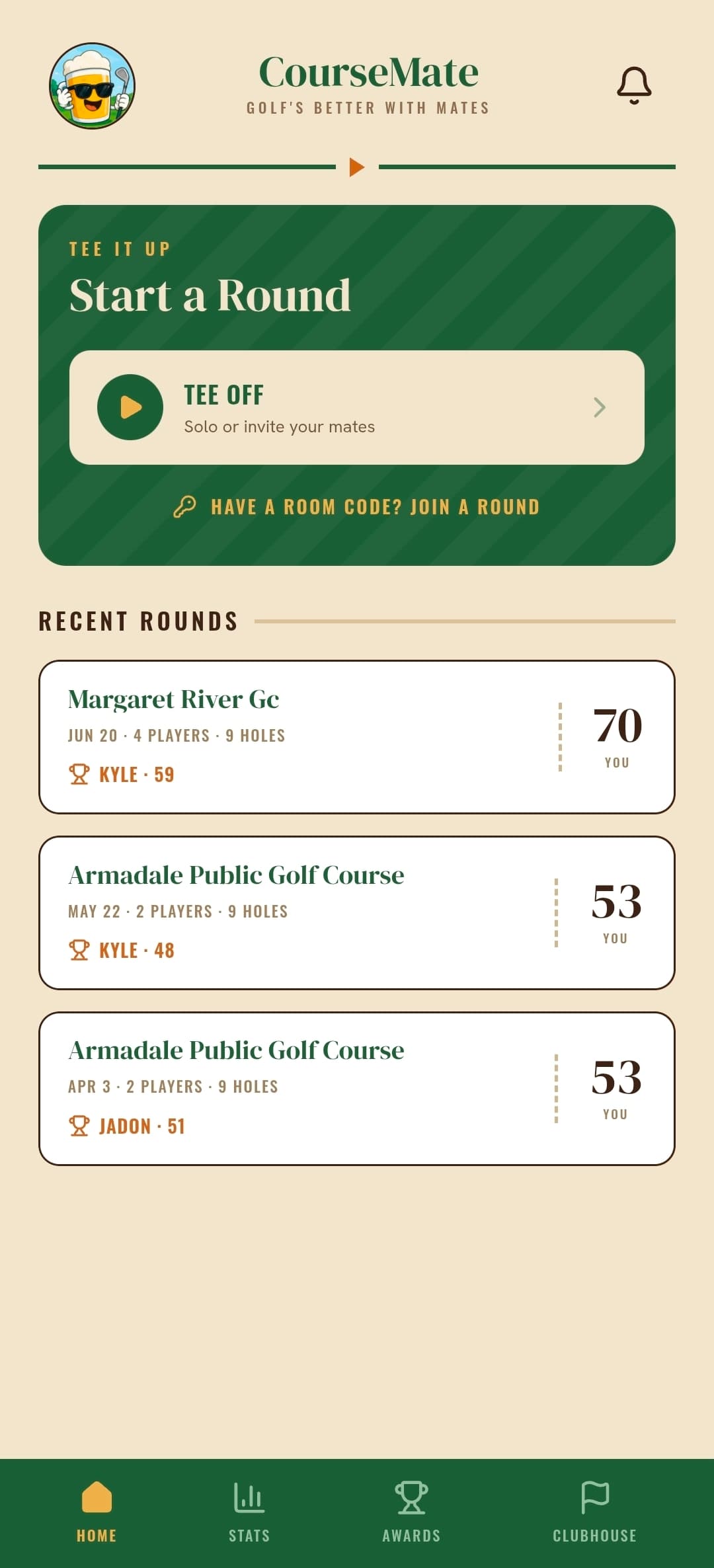 CourseMate app home screen